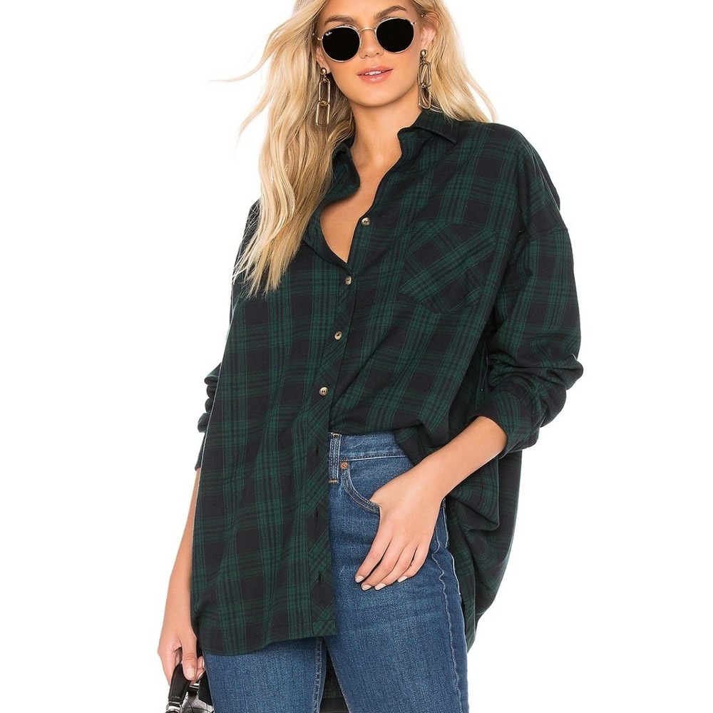 Superdown Audriana Oversized Flannel Top Green Black Plaid Grunge Cozy Small